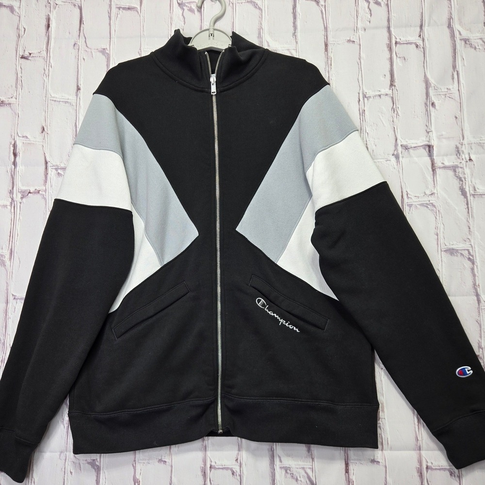 Y2K Champion Reverse Weave Track Jacket Black Colorblock Athletic Full Zip Men L